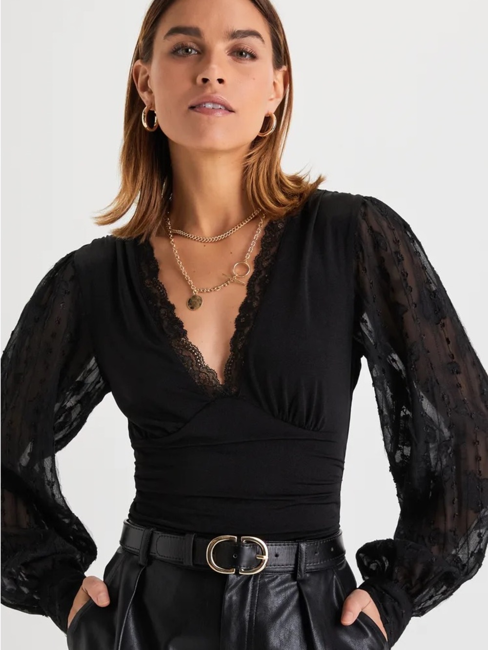 Lulus True Chic Black Lace Jacquard Long Sleeve Bodysuit M